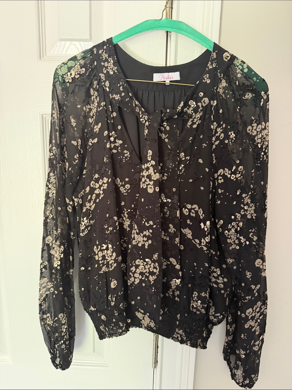 Parker Black Floral Sheer Long-Sleeve Blouse with Cream Print